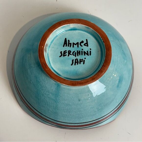 Handmade Moroccan Safi Geometric Blue Pottery Bowl 7” - Picture 3 of 6